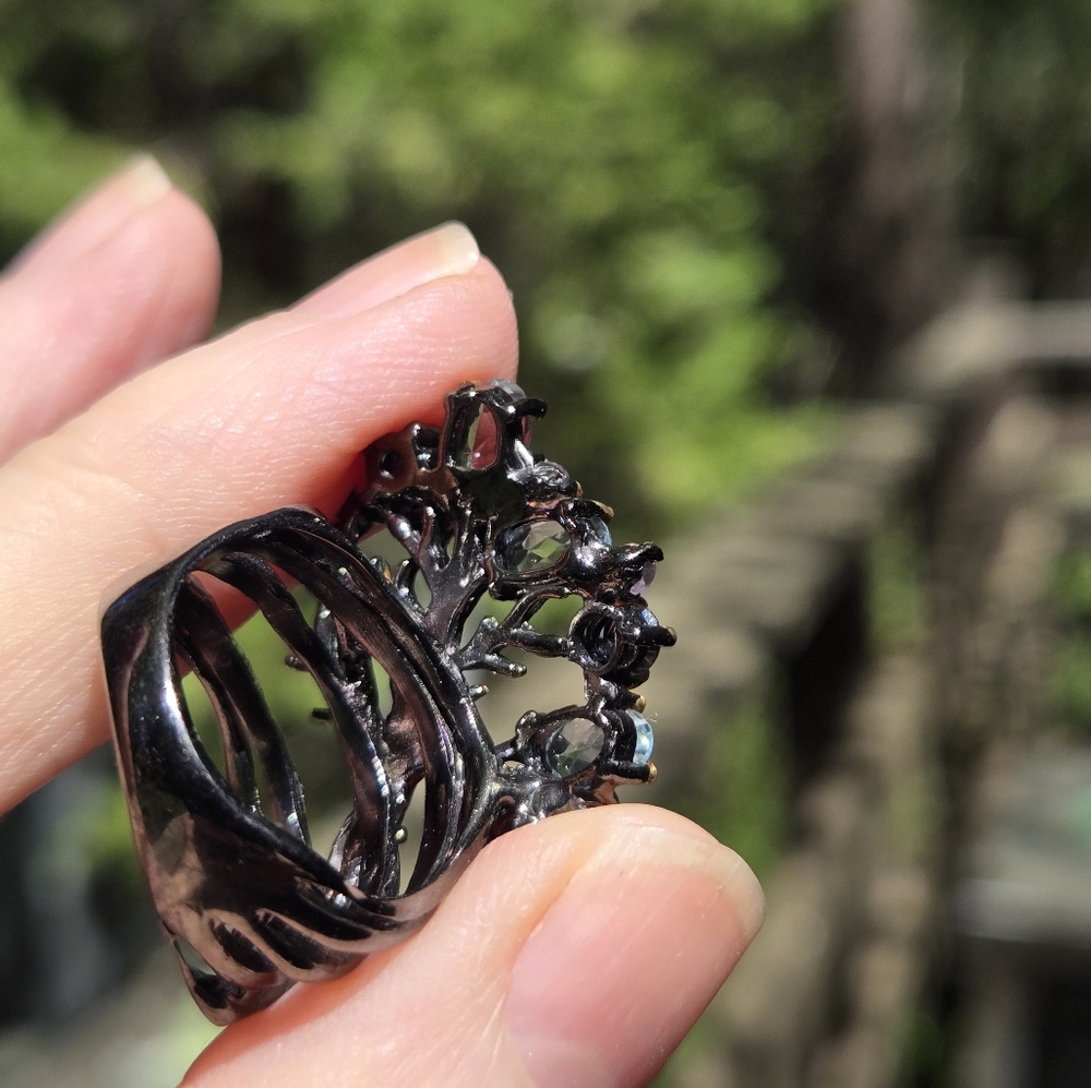 πHOST PICK π Blue Topaz Lolite & Amethyst Sterling Rhodium & Gold ring sz6.75 - Picture 8 of 13